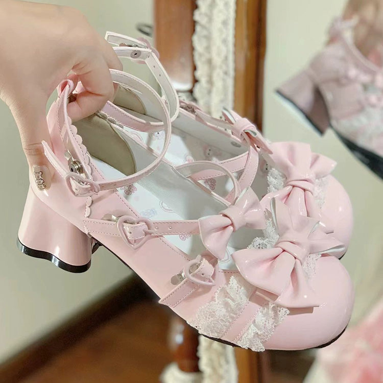 Bowknot Cross Bandage Kitten Shaped Special Heel Mid-Heel Shoes 5 Colors