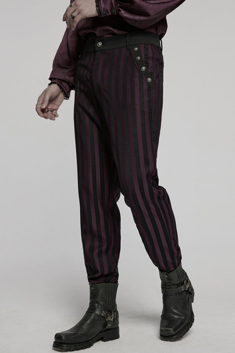 Black/Red High Waisted Striped Print Men's Gothic Suit Pants