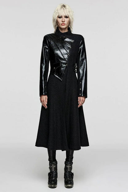 Black Stand Collar Print Faux Leather Stitching Womens Gothic Coat