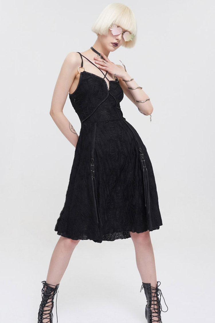 Black Punk Suspenders Slit Hem Wave Stretch Fabrics Women's Dress