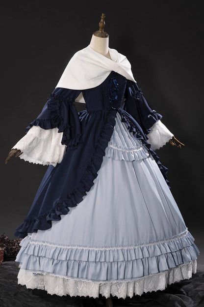 Blue [Loli Detective] Triple-Layered Ruffle Cardigan Bowknot Gothic Lolita Victorian Dress Set