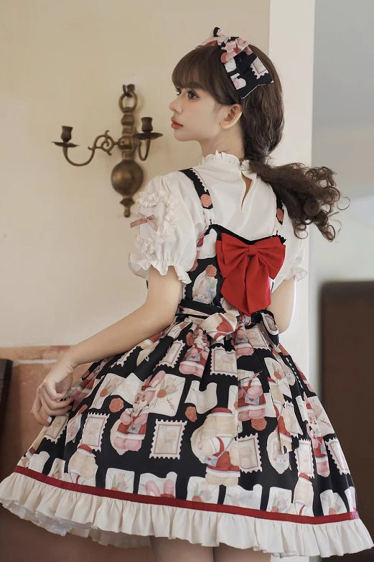 Black [Letter from Showa] Rabbit and letter Print Ruffle Bowknot Sweet Princess Lolita Strap Dress