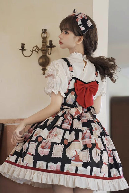 Black [Letter from Showa] Rabbit and letter Print Ruffle Bowknot Sweet Princess Lolita Strap Dress
