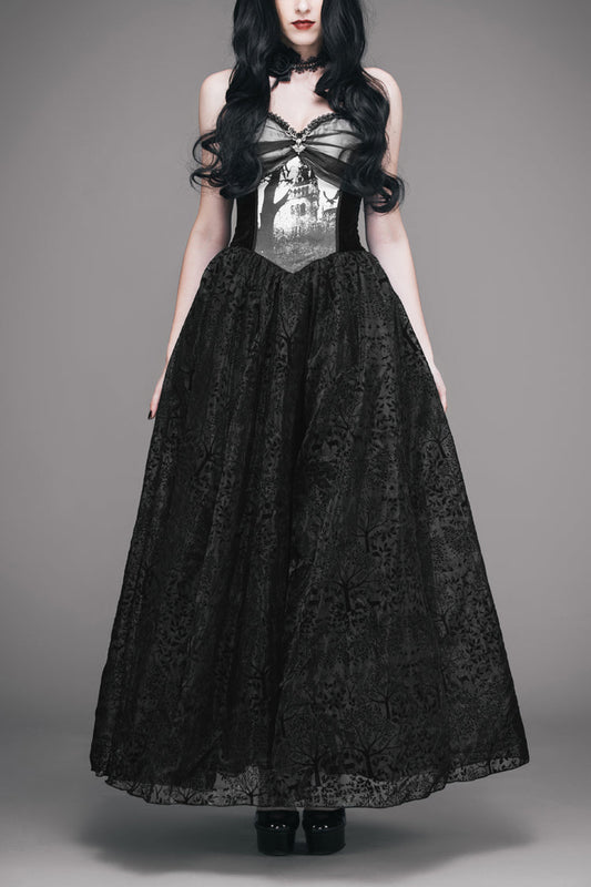 Black Elk Metal Brooch Flocking Print Yarn Floral Women's Gothic Dress