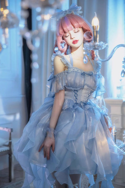 Blue Galaxy Prayer Corset Fishbone Ribbon Sweet Lolita Jsk Dress