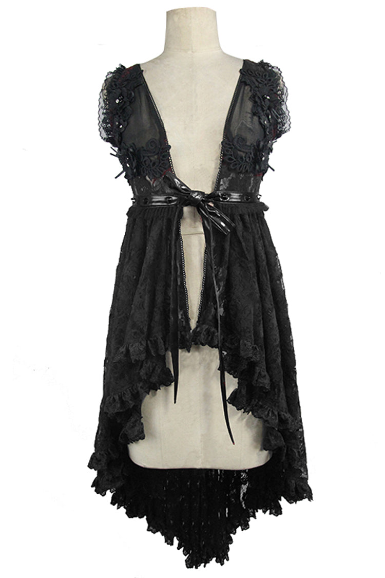 Black Waist Knot Back Lace-Up Frill Hem Sleeveless Rose Lace Mesh Women's Gothic T-Shirt