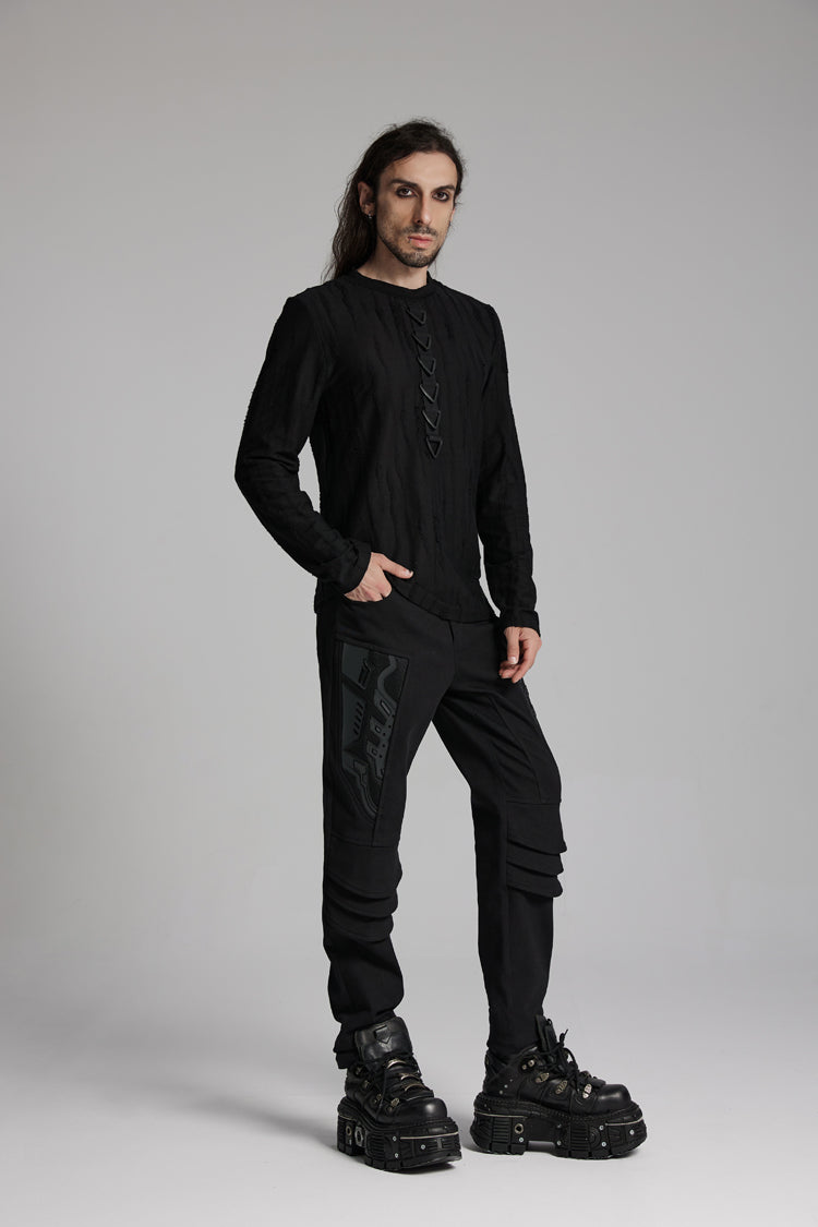 Black Round Collar Long Sleeves Triangle Buckle Men's Punk T-Shirt