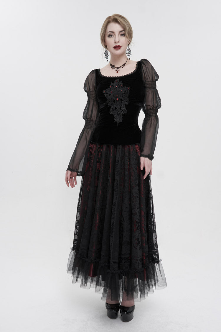 Black Velvet Paneled Chiffon Long Sleeves Chest Applique With Blood Red Diamonds Women's Gothic T-Shirt