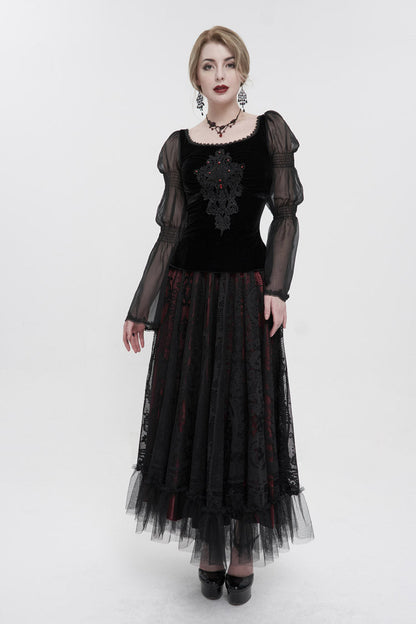 Black Velvet Paneled Chiffon Long Sleeves Chest Applique With Blood Red Diamonds Women's Gothic T-Shirt