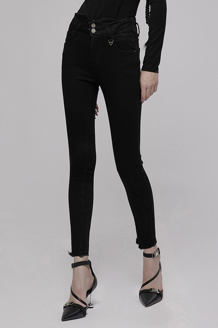 Black Triangular Metal Decorative Sheet Back Crossed Straps Tight Fit Punk Women's Denim Pants