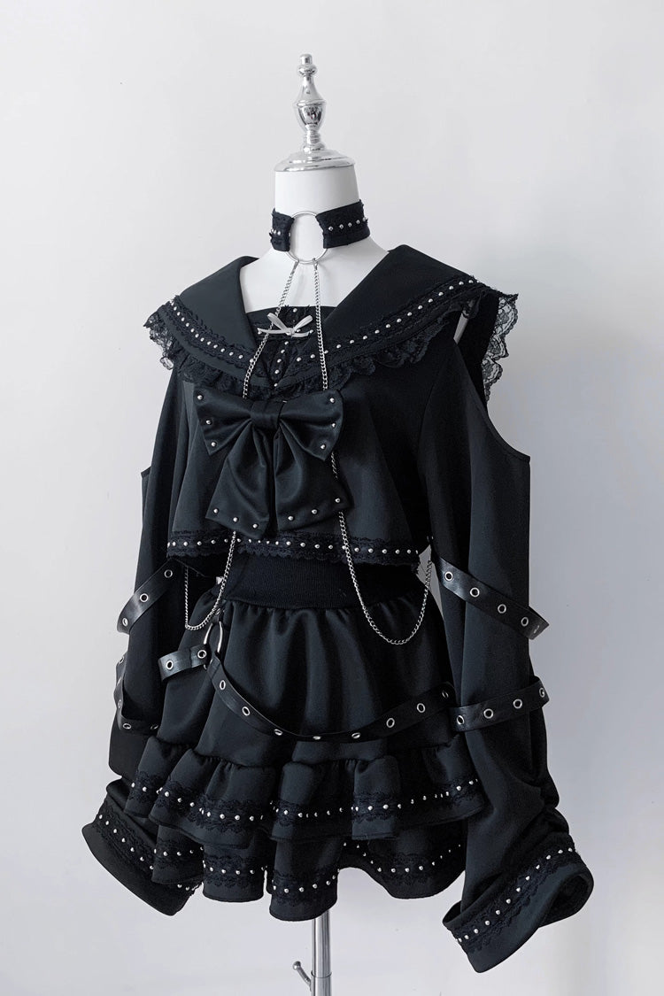 Black [Serpent Devour] Navy Collar Long Sleeves Ruffled Bow Studded Gothic Jirai Kei Top and Skirt Set