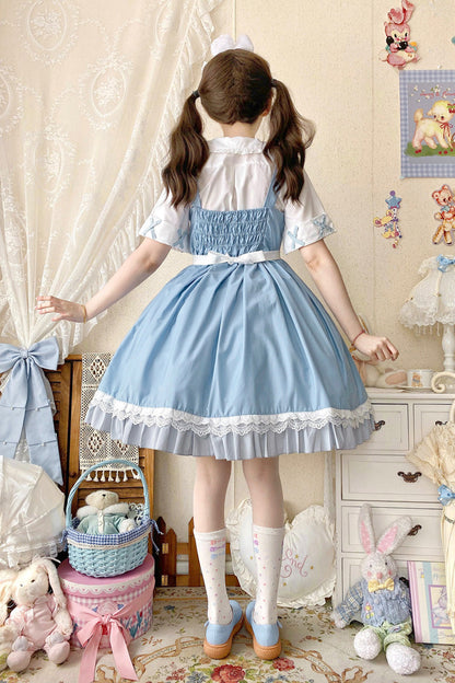 Blue [Picnic Rabbit] Ruffle Bowknot Lace Daily Sweet Lolita Jsk Dress Set