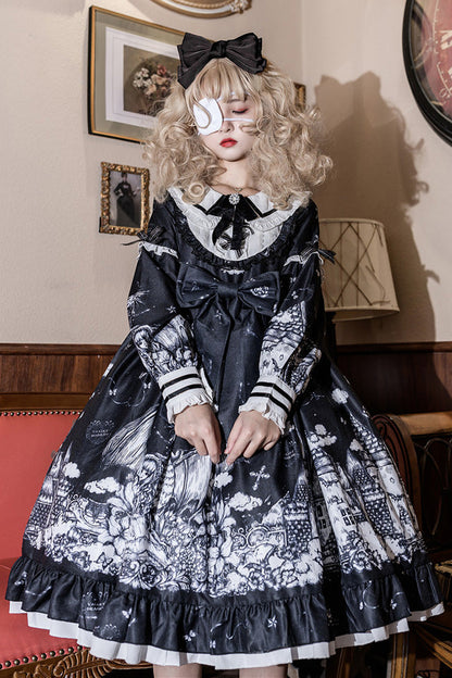 Black [Castle Night] Print Long Sleeves Ruffle Bowknot Gothic Lolita Dress