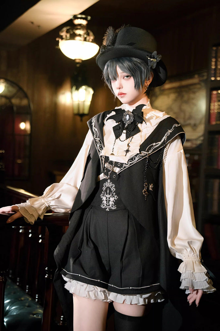 Black [Rabbit-Ear Meteorite] Stand Collar Long Sleeves Ruffled Embroidered Bow Gothic Ouji Lolita Shorts Vest Set