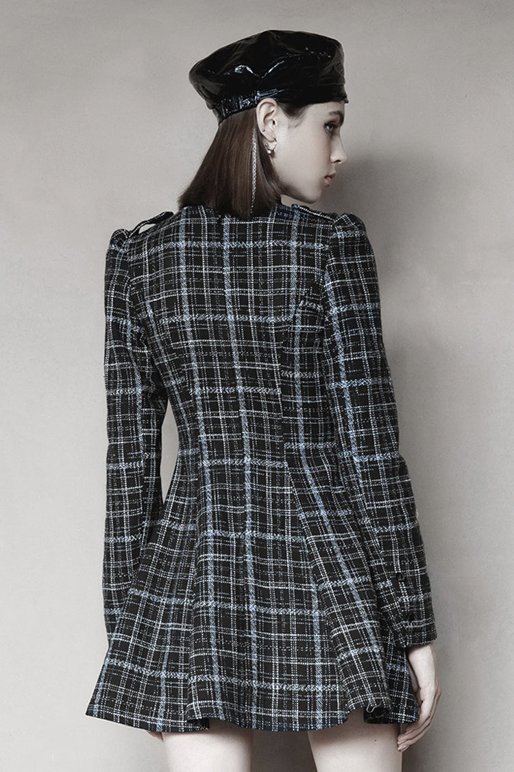 Black/White Small V-neck Tie Design Checked Woolen Cloth And Velvet Stitching Bow Collect Waist Women's Punk Dress