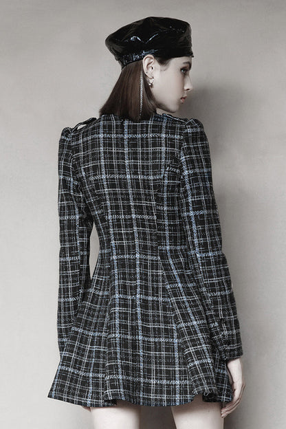Black/White Small V-neck Tie Design Checked Woolen Cloth And Velvet Stitching Bow Collect Waist Women's Punk Dress