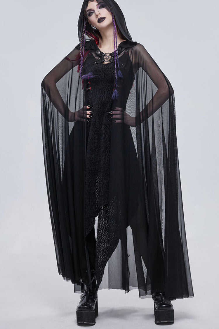 Black Punk Cross Leather Straps On Chest Design Metal Five-Pointed Star Decoration Long Hooded Women's Cape