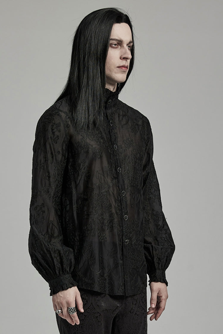 Black Stand Collar Jacquard Embroidery Men's Gothic Blouse