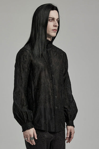 Black Stand Collar Jacquard Embroidery Men's Gothic Blouse