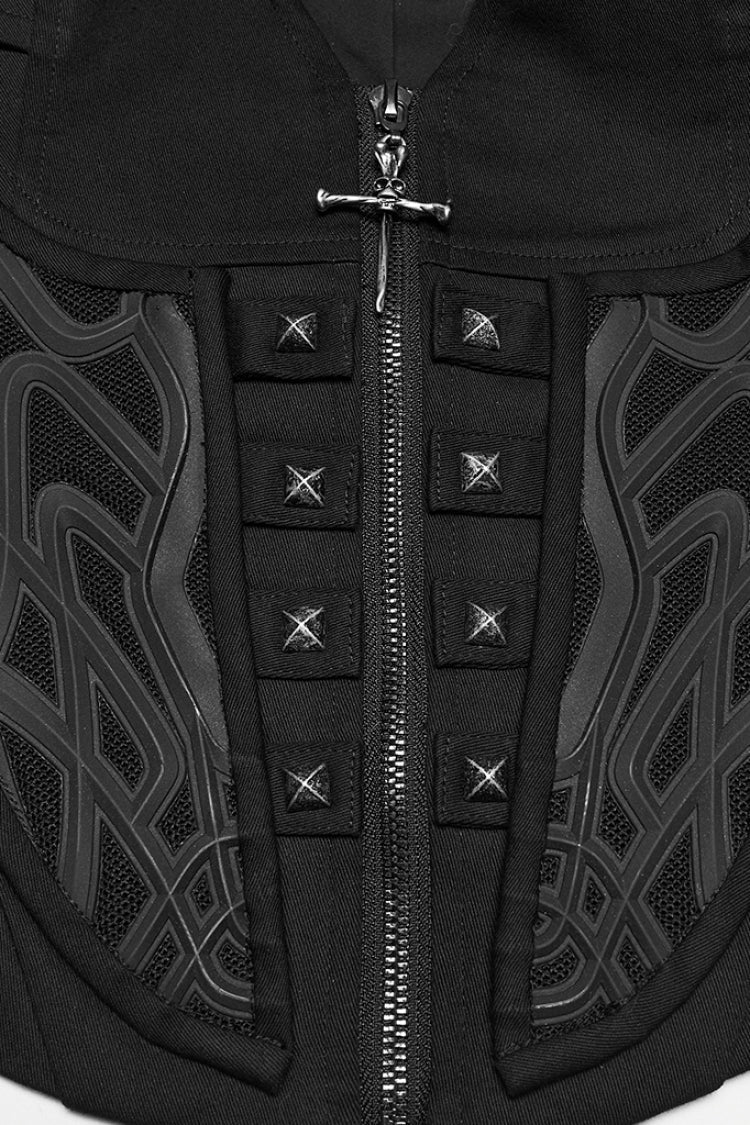 Black V Collar Sleeveless Embossed Printed Studded Zippered Women's Punk Vest