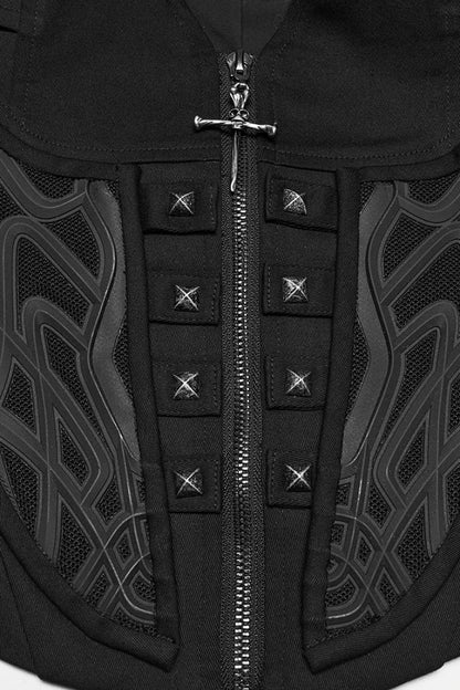 Black V Collar Sleeveless Embossed Printed Studded Zippered Women's Punk Vest
