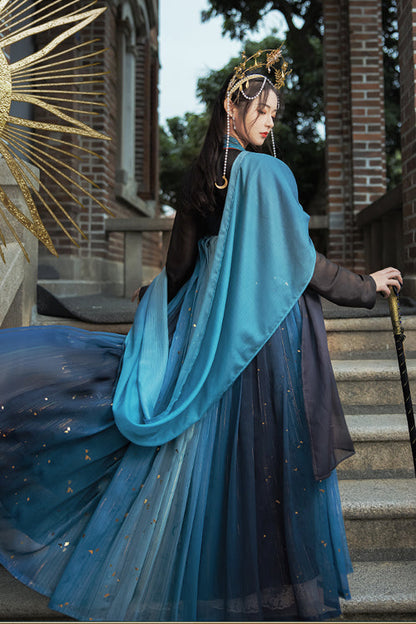 Black/Blue Hot Stamping Embroidered Ancient Flowy Classic Hanfu Dress Full Set