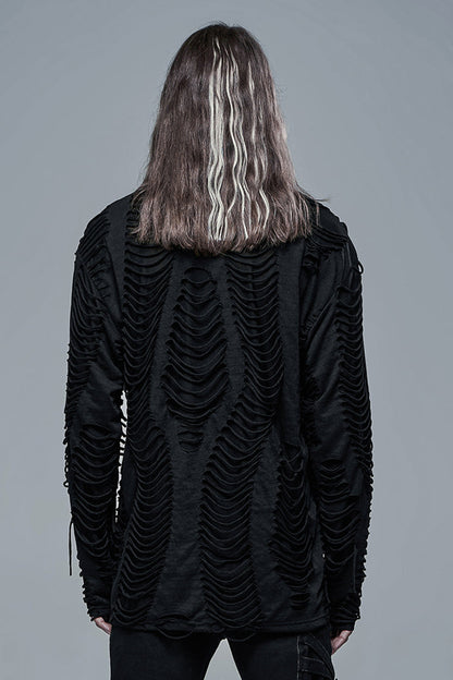Black Round Collar Long Sleeves Double-Layered Ripped Men's Gothic Blouse