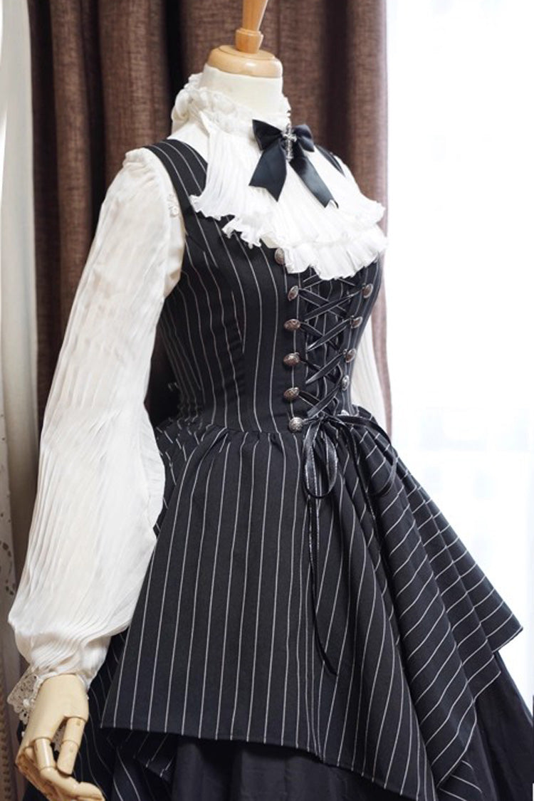 Black Sleeveless Striped Print Lace-Up Irregular Hem Gothic Lolita Dress