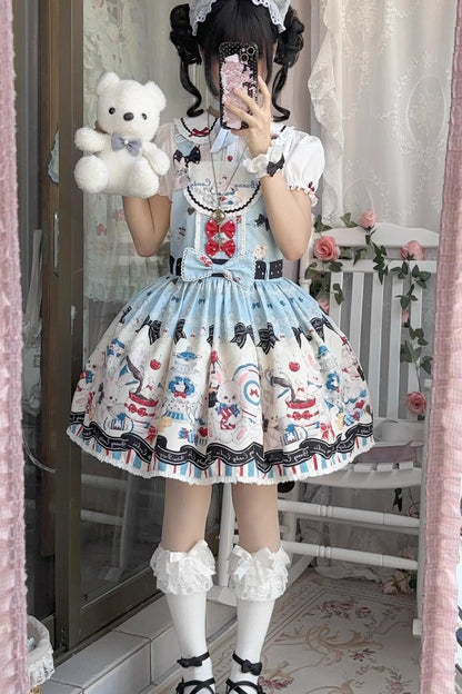 Blue [Mystery Rabbit Tea Party] Sleeveless Print Bowknot Lace Sweet Lolita Strap Dress