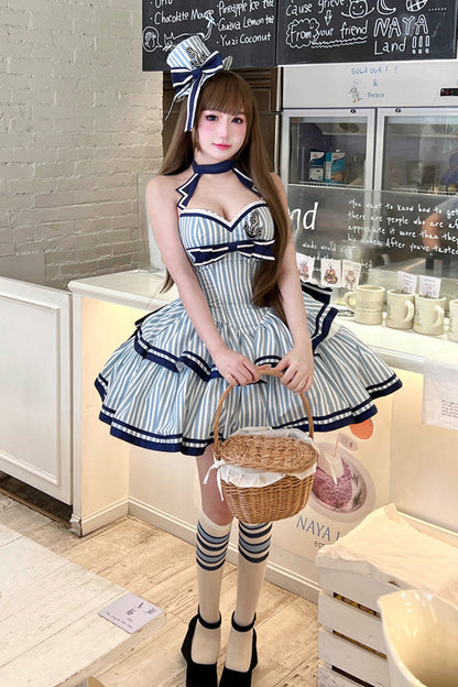 Blue [Sailing Sweetheart] Double-Layered Vertical Stripes Print Ruffle Bowknot Sweet Lolita Dress