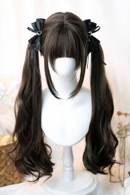Japanese-Style Soft Air Bangs Long Curly Sweet Lolita Twin-Tail Wig 2 Colors