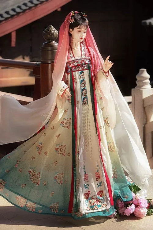 Pink/Blue High Waisted Print Embroidery Women's Classic Hanfu Dress Full Set