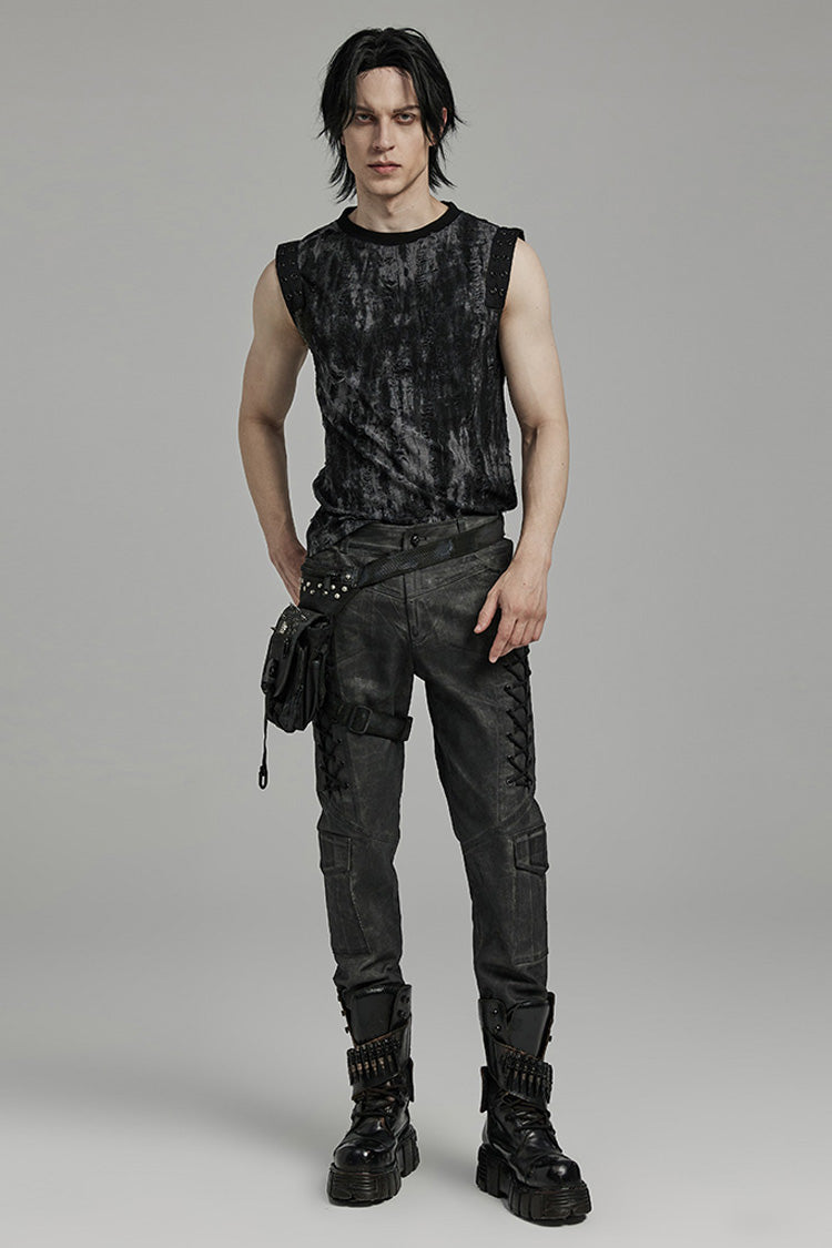 Black/Grey Round Collar Sleeveless Print Ripped Distressed Eyelet Men's Gothic Tank Top