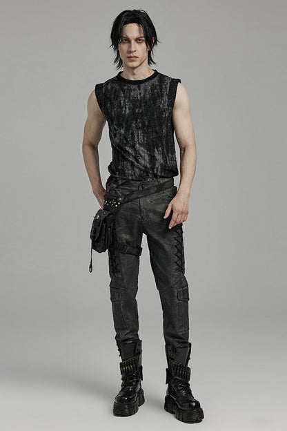Black/Grey Round Collar Sleeveless Print Ripped Distressed Eyelet Men's Gothic Tank Top