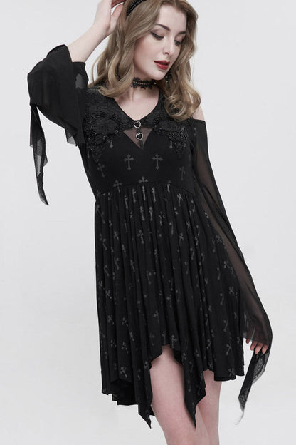Black Sleeves Cross Print Embroidered And Beaded Neckline Stretch-Mesh Flared Women's Gothic Dress