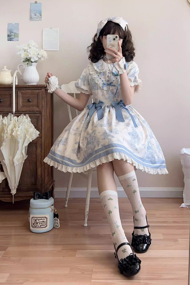 Blue [Grape Moon Almanac] Short Sleeves Multi-Layered Printed Ruffled Bow Sweet Lolita Dress
