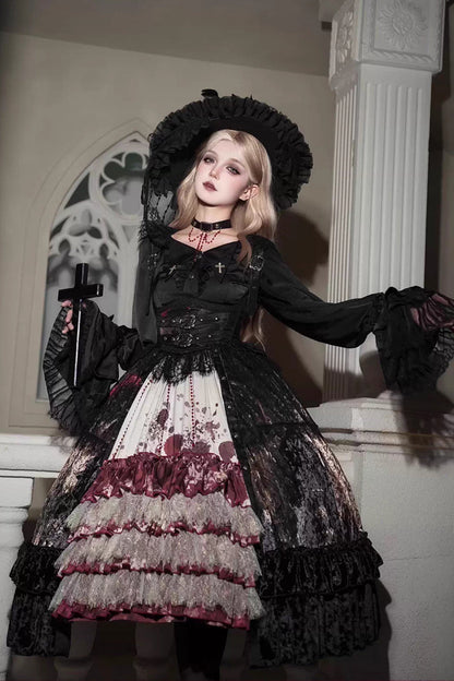 [Heretical Nun] Sleeveless Multi-Layered Printed Ruffled Open-Front Gothic Plus Size Lolita Strap Dress Short Version 2 Colors