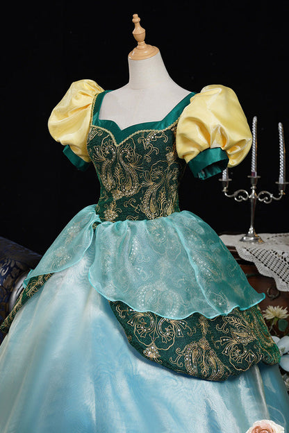 Blue/Green Square Collar Short Lantern Sleeves Multi-Layered Ruffled Embroidered Lace Gothic Vintage Princess Palace Lolita Victorian Dress