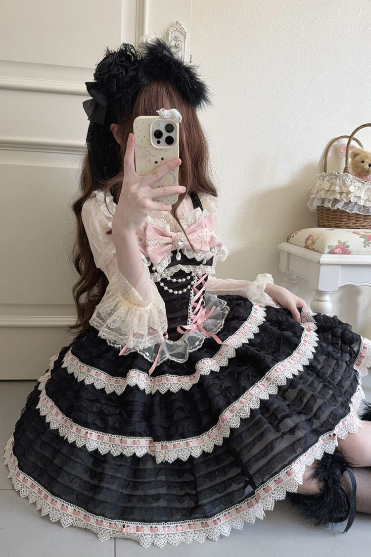 Black [Song of Floral Letters] Sleeveless Triple-Layered Bowknot Lace-Up Sweet Lolita Jsk Dress