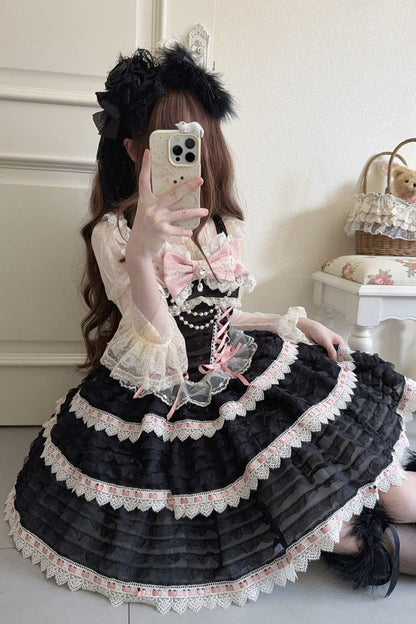 Black [Song of Floral Letters] Sleeveless Triple-Layered Bowknot Lace-Up Sweet Lolita Jsk Dress