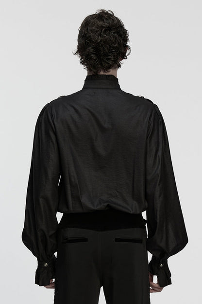 Black Stand Collar Long Puff Sleeves PU Stitching Pleated Men's Gothic Blouse