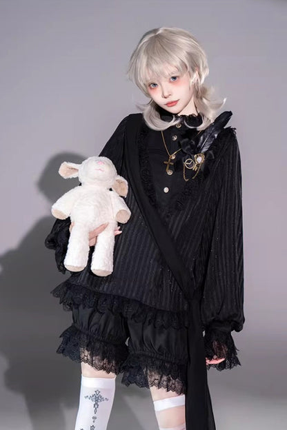 Black Stand Collar Long Short Sleeves Printed Ruffled Lace Gothic Ouji Lolita Set 2 Versions