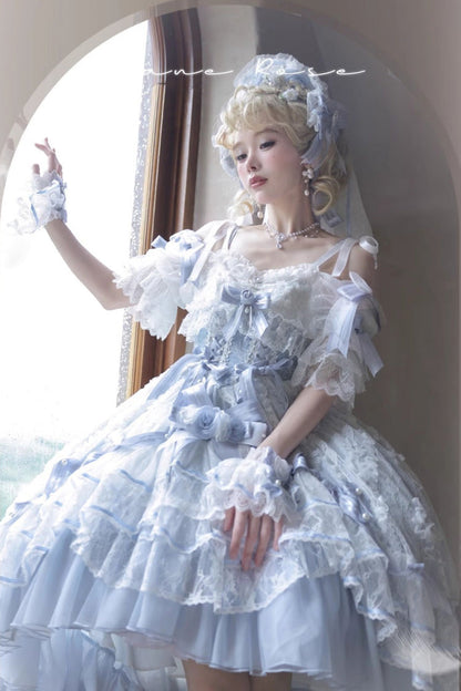 Blue [Diane Rose] Short Sleeves Multi-Layered Jacquard Ruffle Hanayome Cardigan Bowknot Lace Sweet Lolita Dress