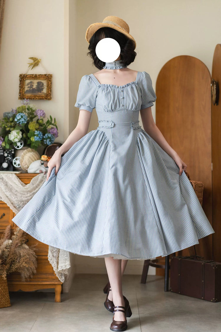 Light Blue [Chantilly Forest] Square Collar Short Sleeves Striped Printed Ruffled Classic Vintage Elegant Lolita Dress