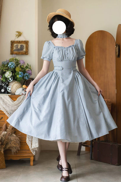 Light Blue [Chantilly Forest] Square Collar Short Sleeves Striped Printed Ruffled Classic Vintage Elegant Lolita Dress