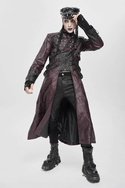 Red Stand Collar Zipper Straps Eyelet Men's Punk Coat