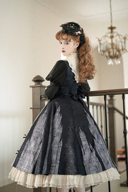 Black/White Church Bells Print Ruffle Cardigan Bowknot Gothic Elegant Lolita Dress
