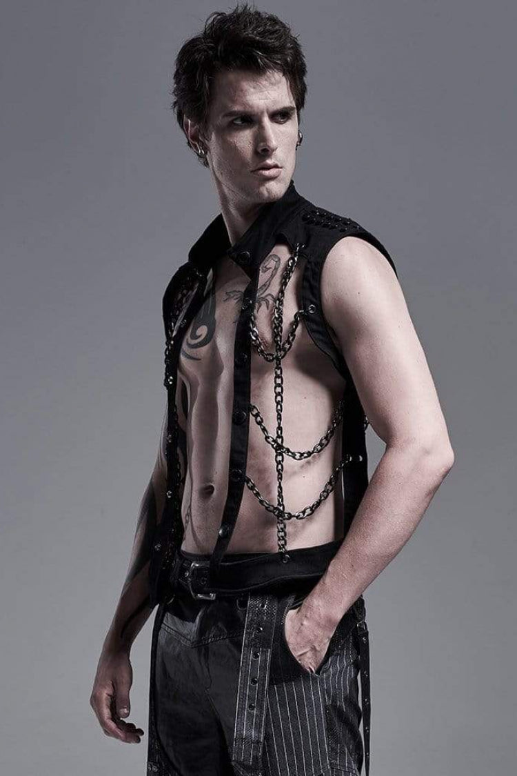 Black Stand Collar Single-breasted Metal Rivet Chain Decoration Hollow Mens Steampunk Vest