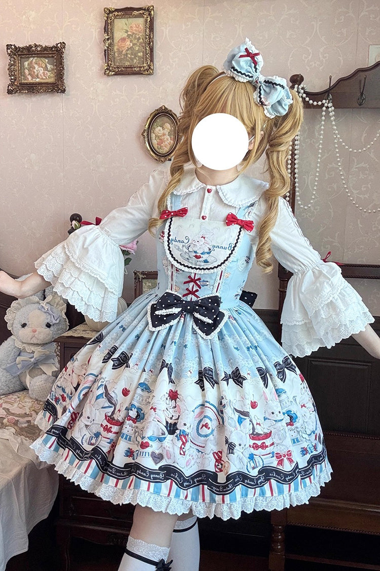Blue [Mystery Rabbit Tea Party] Sleeveless Print Ruffle Bowknot Lace Sweet Lolita Jsk Dress