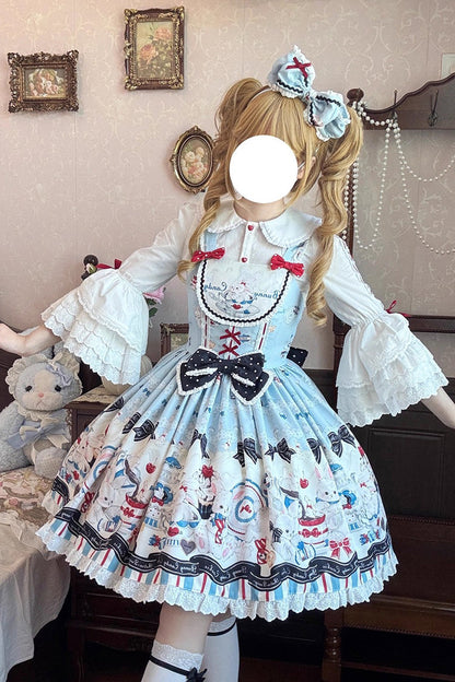 Blue [Mystery Rabbit Tea Party] Sleeveless Print Ruffle Bowknot Lace Sweet Lolita Jsk Dress